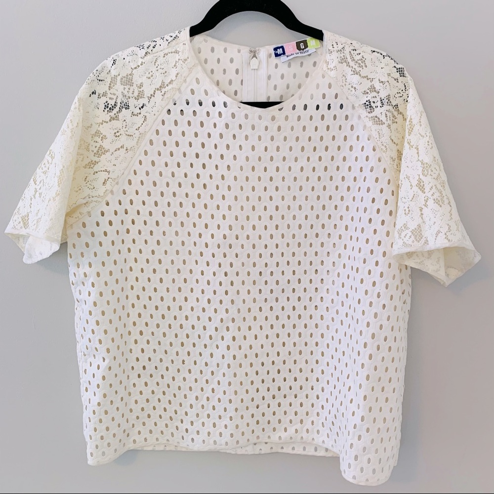 MSGM White Lace Sleeve Eyelet Top